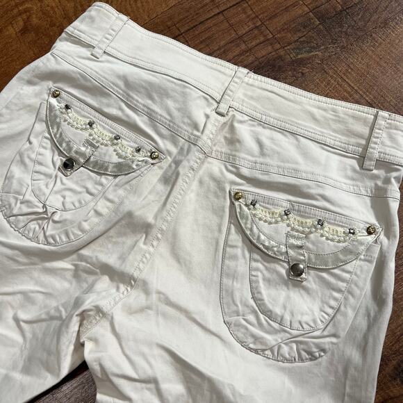 Caché Tan Cargo Pants Size 4 Embellished Satin Trim Stretch Utility Style - Picture 7 of 9